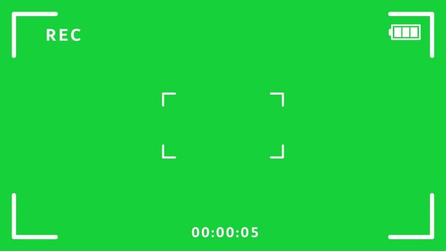 4K animated frames from video camera footage with green screen background, Green Screen Camera Viewfinder with REC Icon and Timer