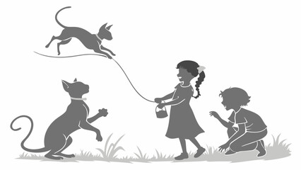 Kids Playing with Cats Jumping Rope Silhouette Art