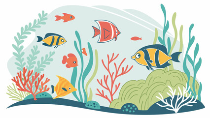 Playful Colorful Cartoon Fish Aquarium Underwater Scene with Vibrant Coral Seaweed Plants Vector Artwork for Kids