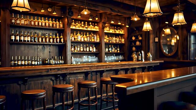 Rustic wooden bar interior with shelves of bottles and cozy ambient lighting