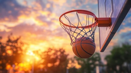 Naklejka premium Basketball sinking through net at sunset.