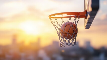 Naklejka premium Orange basketball perfectly nestled in a hoop at sunset.