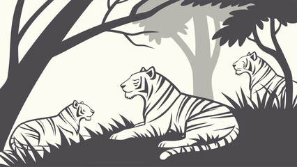 Obraz premium Tiger Family Silhouette Forest Vector Illustration, Black and White