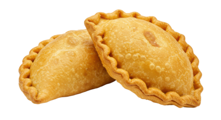 Close up shot of two golden brown empanadas with a crimped edge on a black background isolated