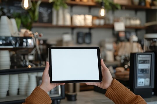 Hands holding a tablet with blank screen in a cafe