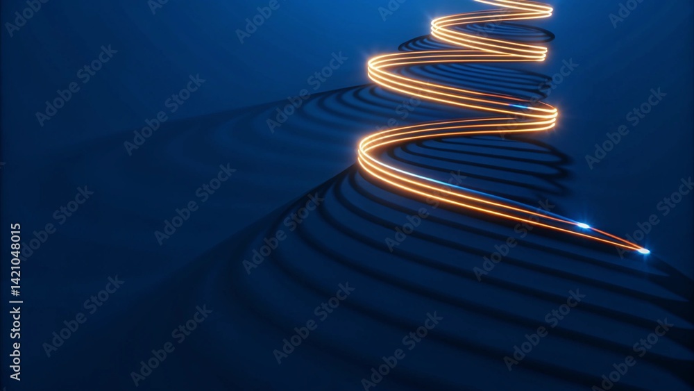Poster Blue and golden writhing light stream with shadows, glowing energy waves in motion, abstract fluid lines in darkness, dynamic luminous flow, vibrant color swirls in black background