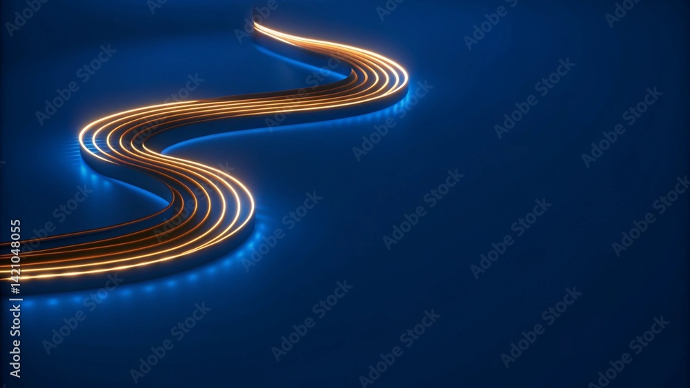 Poster Blue and golden writhing light stream with shadows, glowing energy waves in motion, abstract fluid lines in darkness, dynamic luminous flow, vibrant color swirls in black background