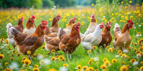 A group of chickens pecking at the ground in a lush green meadow with wildflowers surrounding them, free range chicken, farm life