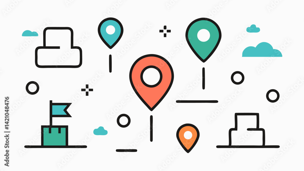 Poster line style map and location editable icons including pins, directions, global positioning elements, 