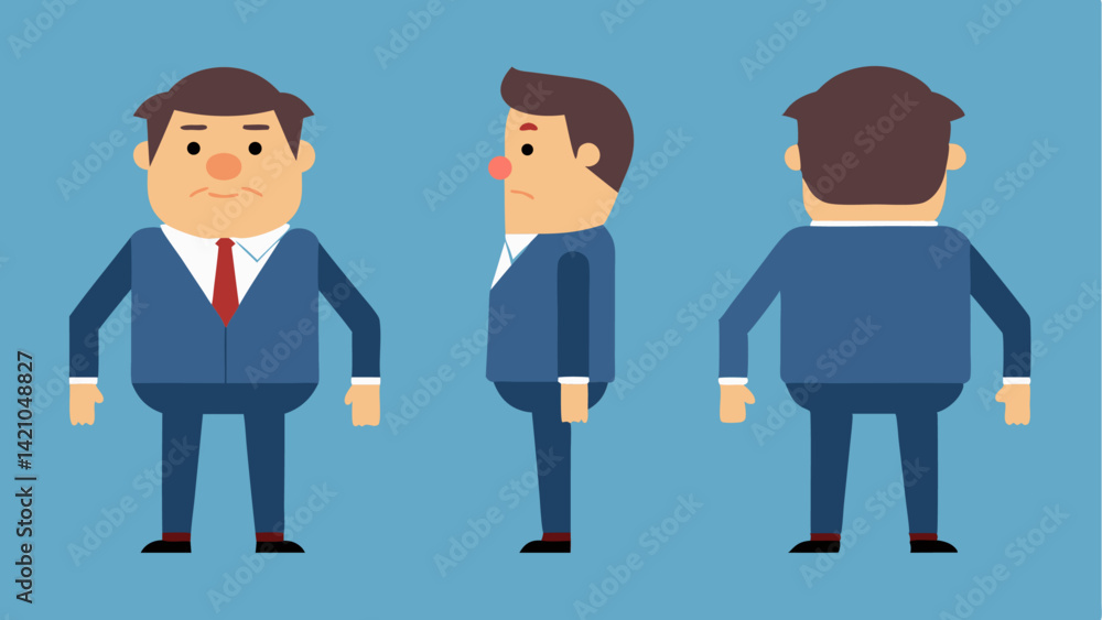 Poster middle-aged businessman character constructor in vector format with editable poses, gestures, busine
