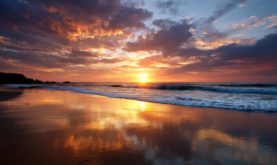 Naklejka premium Dramatic sunset over the ocean, reflecting on the calm beach