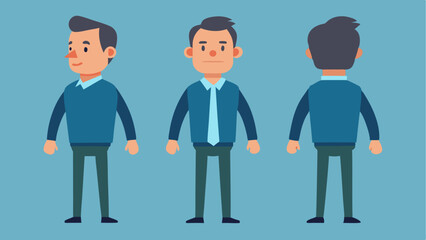 Editable business man constructor in vector style including customizable middle-aged character poses, work outfits, professional gestures, and corporate character parts.