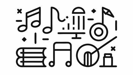 Music school editable line icons set featuring instruments, sheet music, music notes, practice sessions, and music education symbols in vector format for learning themes.