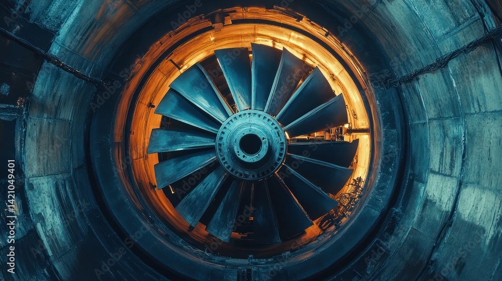 Poster close-up of a turbine engine with intricate blade geometry and metallic textures