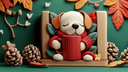 Cute Dog with Christmas Sweater Sitting on Chair Surrounded by Winter Decorations and Pine Cones for Holiday Celebration and Festive Winter Scene