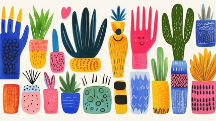 Whimsical houseplants pots  handlike plants create a colorful garden collage