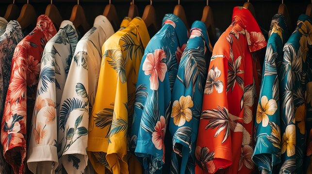 Fototapeta Colorful Floral Hawaiian Shirts Hanging in a Row