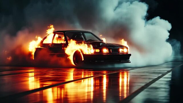 Car drifts effortlessly with burning wheels and smoke under night lighting, The car is drifting with burning wheels