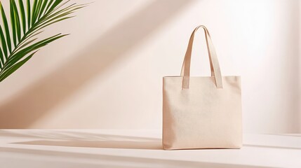 Minimalist eco bag in beige color stands against clean, neutral background