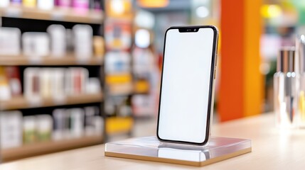 Shopping innovation: blank-screen phone showcased on counter with store shelves behind