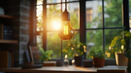 Cozy warm-toned lighting from elegant hanging lamp in studio