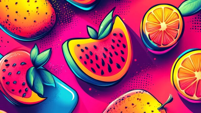 Bright vibrant cartoon illustration of various fruit against a pink background