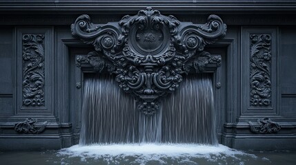 Ornate stone fountain with cascading water feature.  Detailed carvings and flowing water create a dramatic architectural element