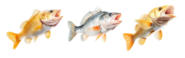 Set of Golden Perch fish with open mouth, detailed fins and scales isolated on white transparent background. Concept of marine wildlife and fishing