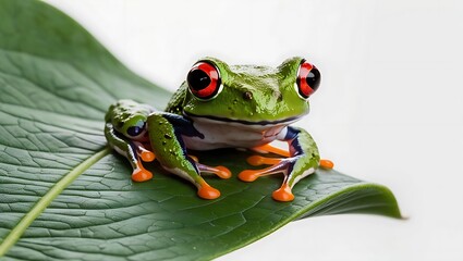 A red eyed tree frog sitting on a large green leaf looking forward