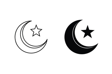 Crescent Moon And Star Icons In Black And White Vector Illustration Set