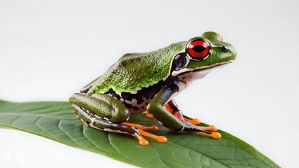 A red eyed tree frog sits on a green leaf against a white background