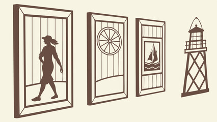 Brown Coastal Nautical Silhouette Art Prints Woman Walking Sailboat Ship Wheel Lighthouse Wall Decor