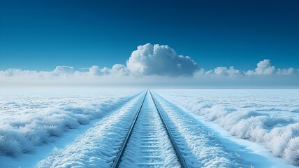 railway tracks in the snow and blue sky with white clouds