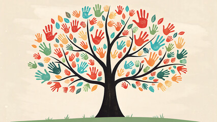 Colorful handprints form the foliage of a stylized black tree, representing diversity, connection, and support in a symbolic illustration