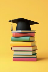 graduation cap on stack of books on yellow background