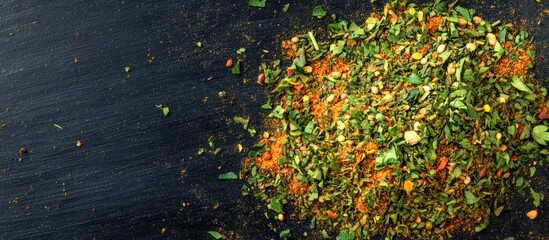 Aromatic culinary blend, dried herbs, vibrant spices on dark surface, preparing culinary delights