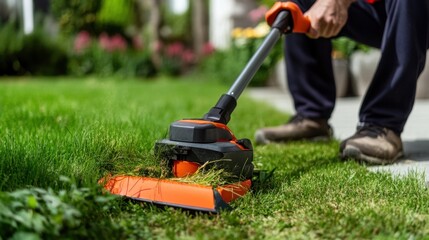 Detailed view of man using electric grass trimmer, blades in motion, under bright sunlight in backyard
