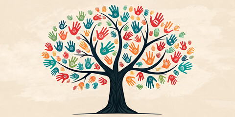 The image has a neutral, textured background, which keeps the focus entirely on the tree and handprints
