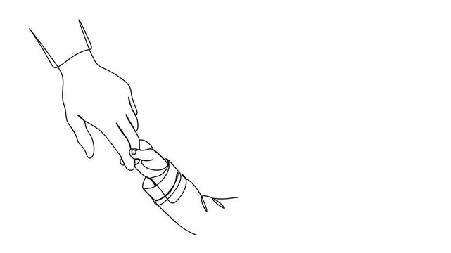 Father and baby one line holding hands continuous line motion graphic animated 4k template. Father's day concept line art video. Full length one line animation. Boy have bonding with his father.