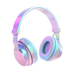 Pastel iridescent headphones against a colorful striped background music audio sound technology