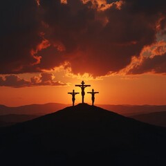 Silhouettes Of Three Crosses At Sunset