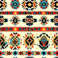 Intricate Pattern: A visually rich textile design showcases a complex and vibrant arrangement of patterns, incorporating tribal elements in a harmonious display. 