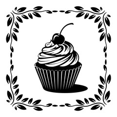 Elegant Black and White Cupcake with Floral Frame