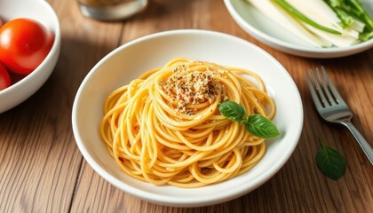 Spaghetti dish with pesto