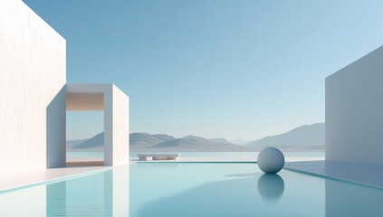 Minimalist Architecture: Serene Poolside Design with Mountain View, Reflecting Modern Serenity