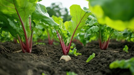 Expansive field of healthy sugar beet plants in rich soil during peak summer season