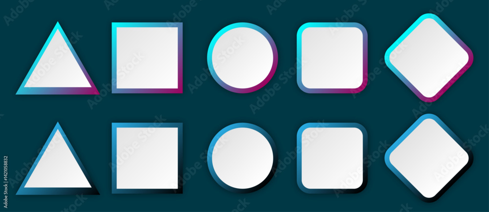 Poster button set of geometric shape | 3d button shape abstract design with glow metallic neon | modern pre