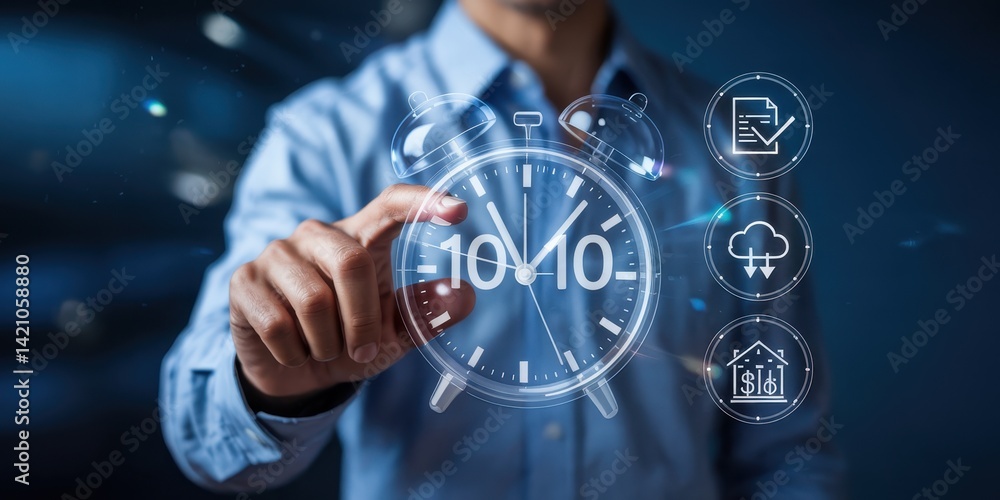 Aufkleber person interacts with a virtual 10-minute timer with additional interface elements.