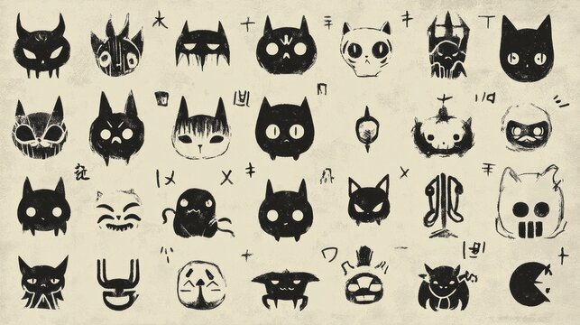An array of whimsical black and white character icons