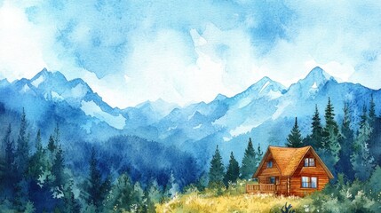 Obraz premium A serene watercolor landscape depicting a cozy wooden cabin nestled among lush green trees at the foot of majestic mountains under a soft blue sky, evoking tranquility and nature's beauty